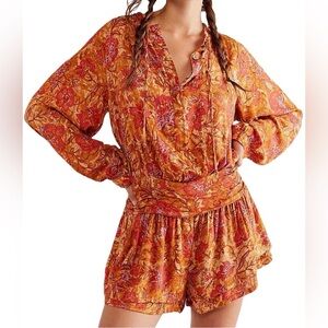 Free People Dance Til' Dawn Floral Open Back Romper Gold Orange S NWT